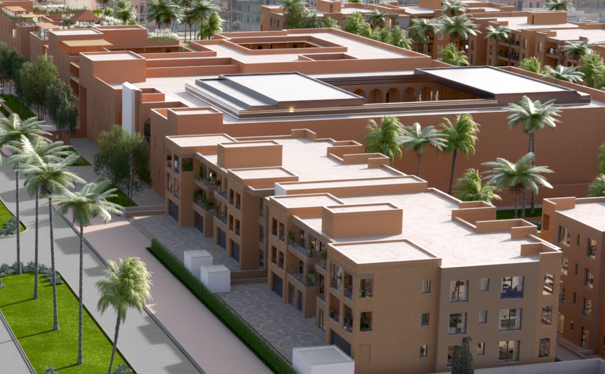 Façade contemporaine d'EVA PARK, résidence et hôtel 5 étoiles, Marrakech